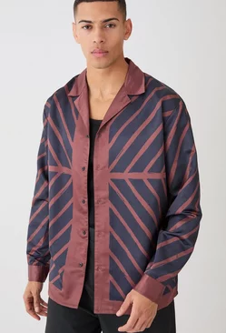 Oversized Panelled Long Sleeve Satin Shirt Rust