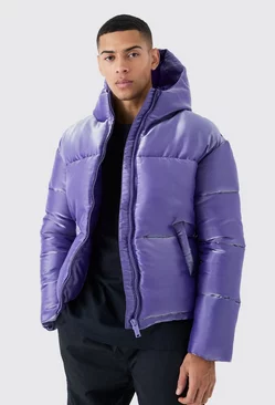 Liquid Metallic Nylon Puffer Jacket Purple