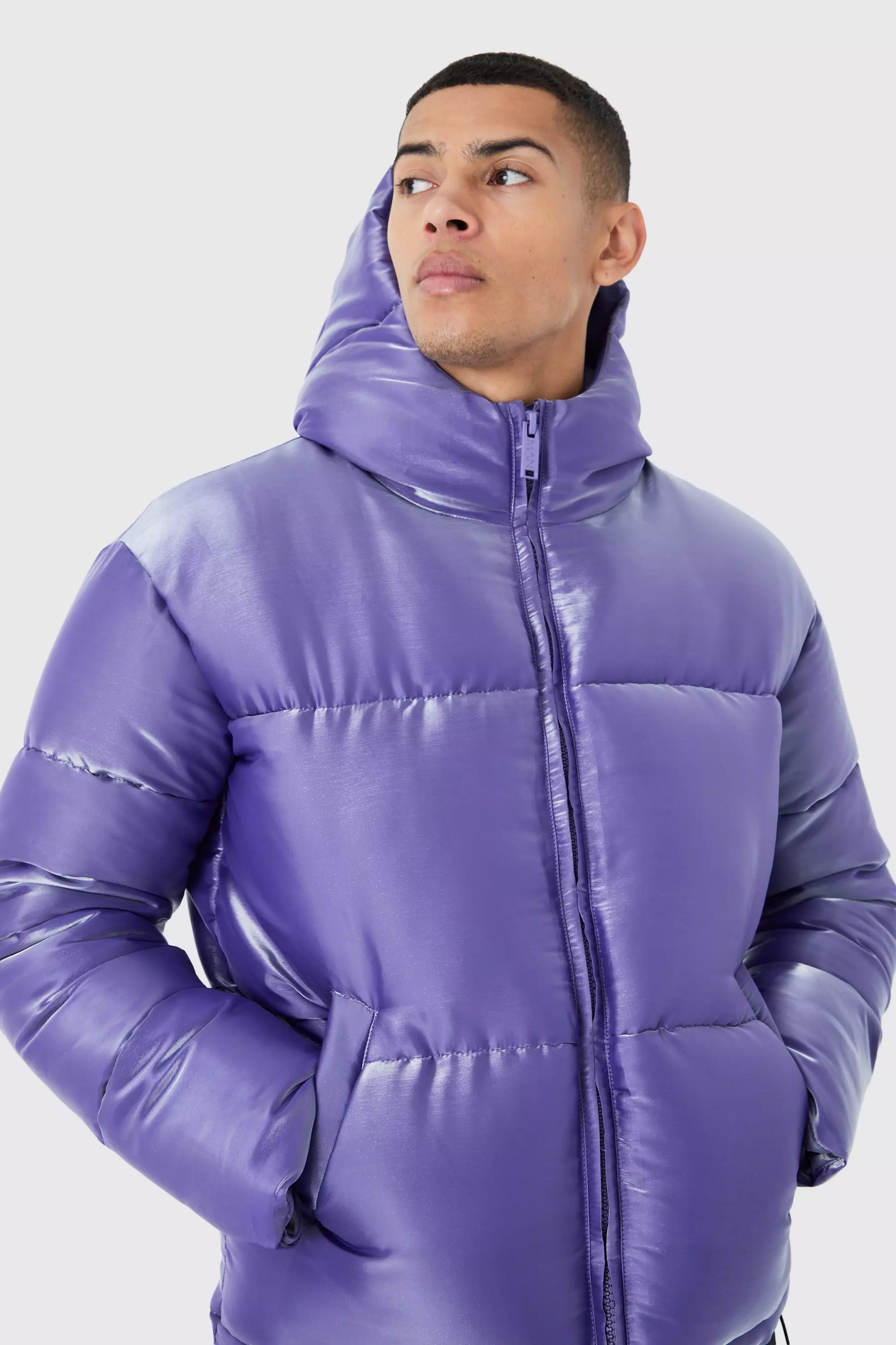 Liquid Metallic Nylon Puffer Jacket boohooMAN UK