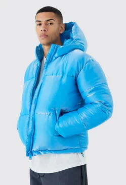 Blue Liquid Metallic Nylon Puffer Jacket
