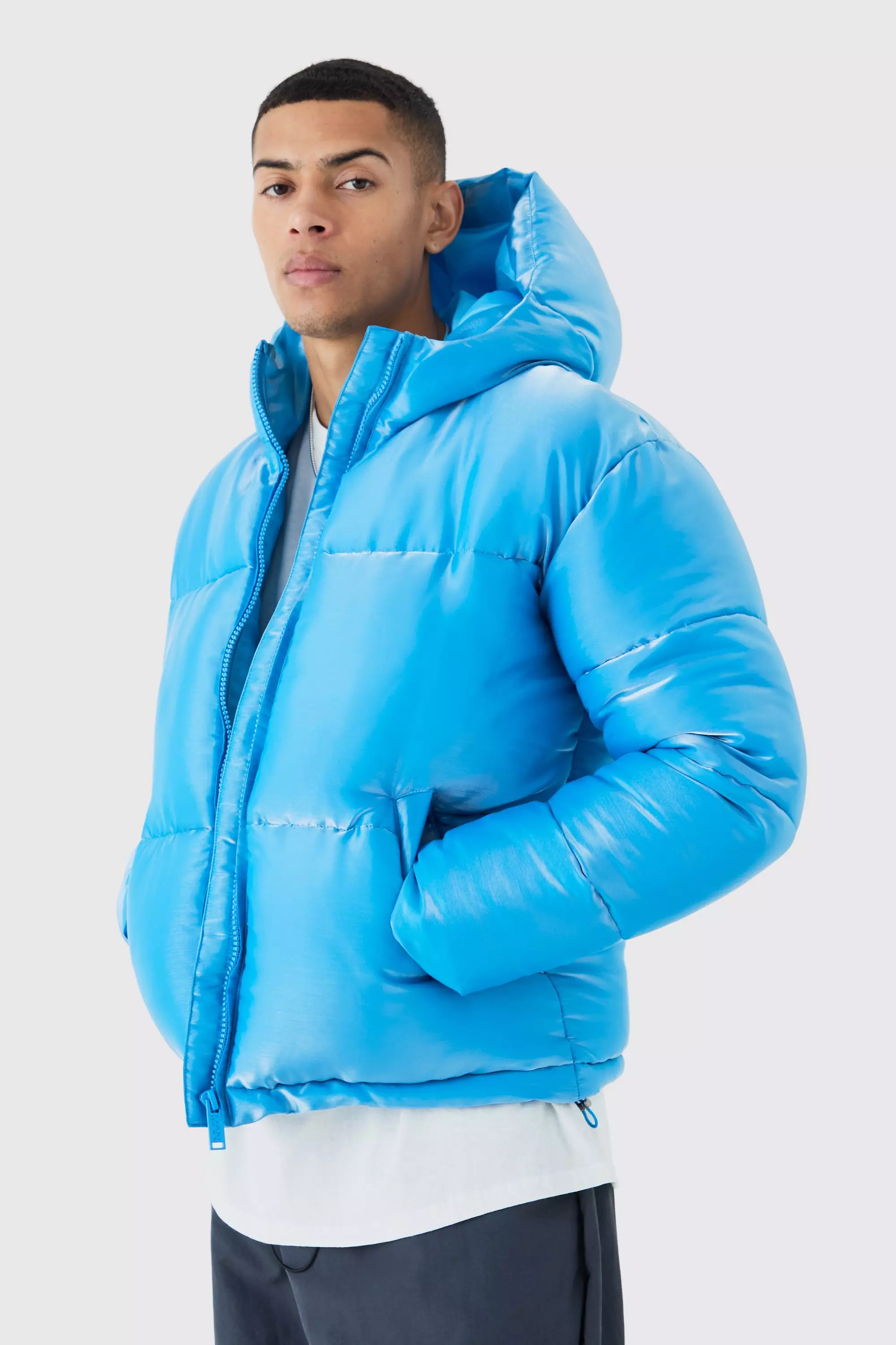 Liquid Metallic Nylon Puffer Jacket Blue