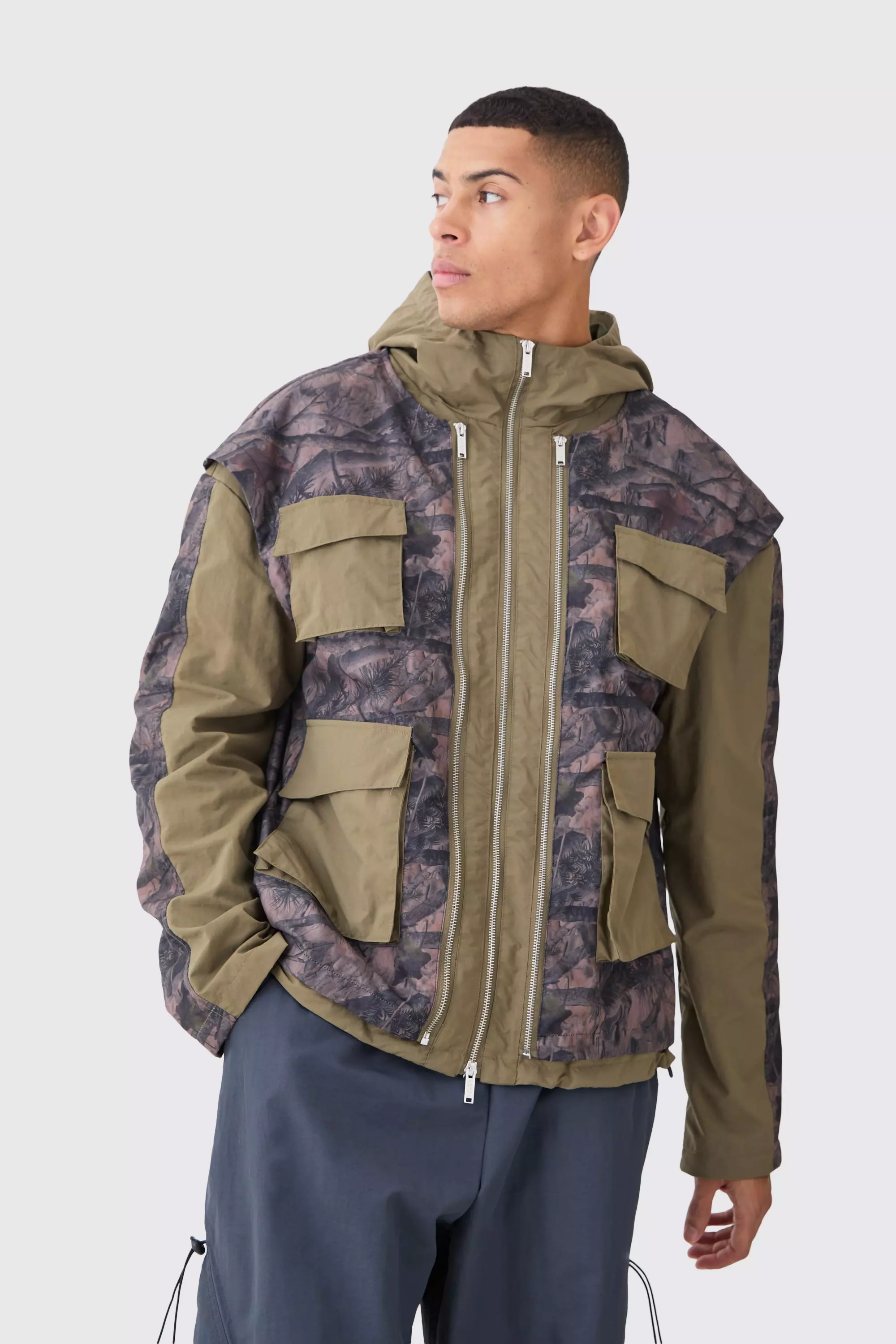 Washed Ripstop Nylon Camo Utility Jacket Khaki