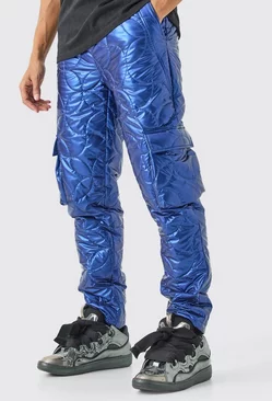 Elasticated Waist Metallic Quilted Cargo Trousers Blue