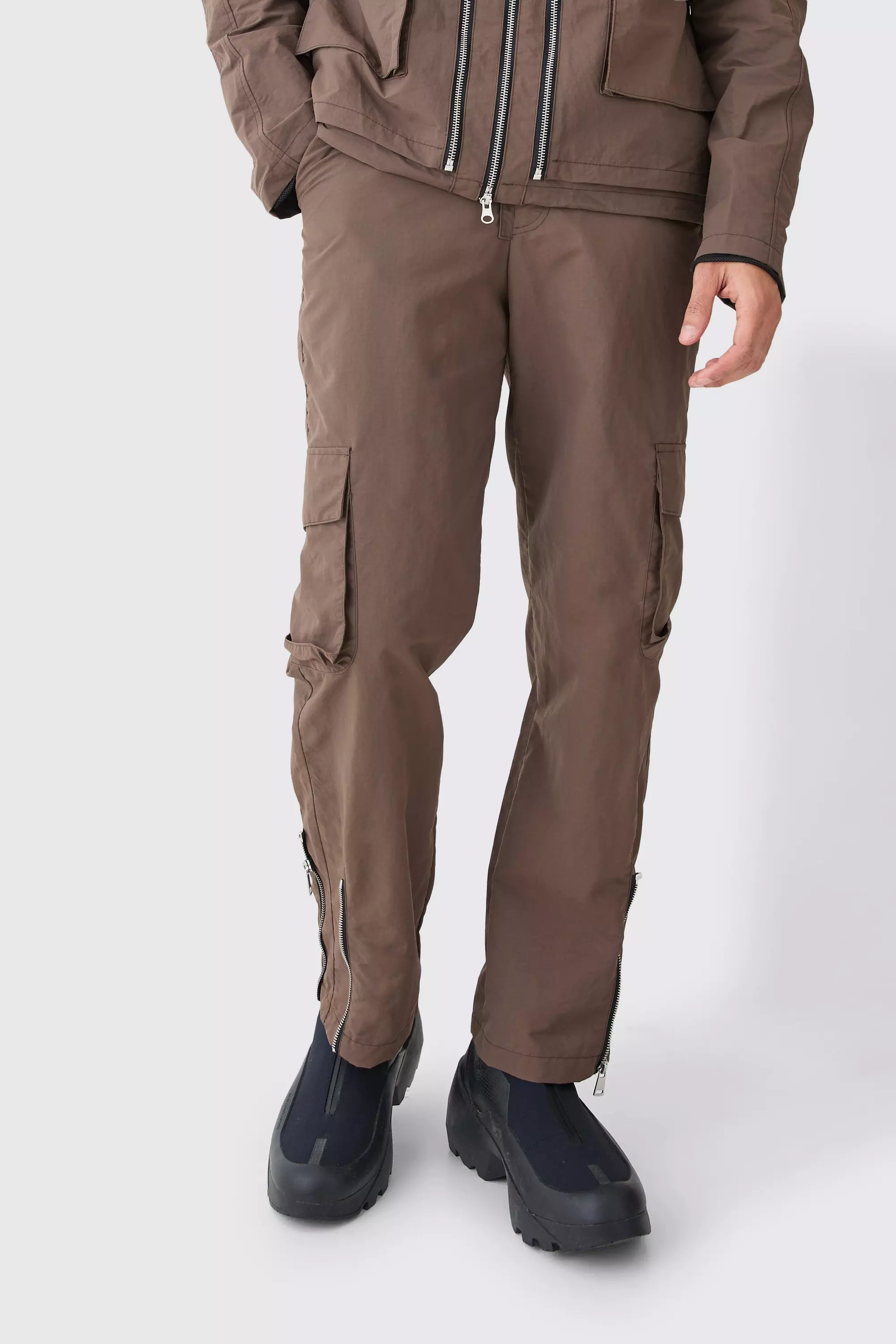 Khaki Fixed Waist Washed Nylon Cargo Pants