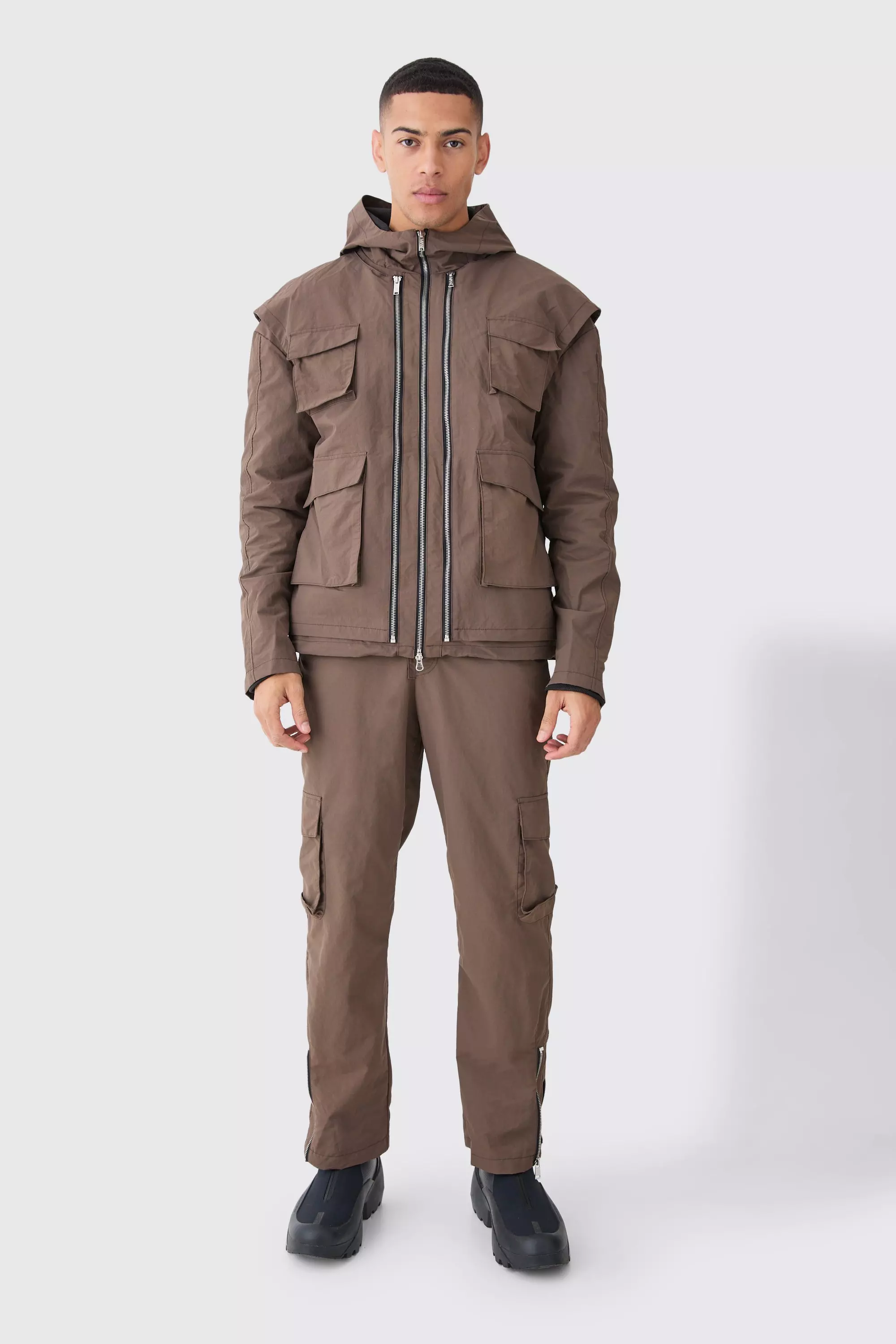Khaki Fixed Waist Washed Nylon Cargo Trousers alternative image