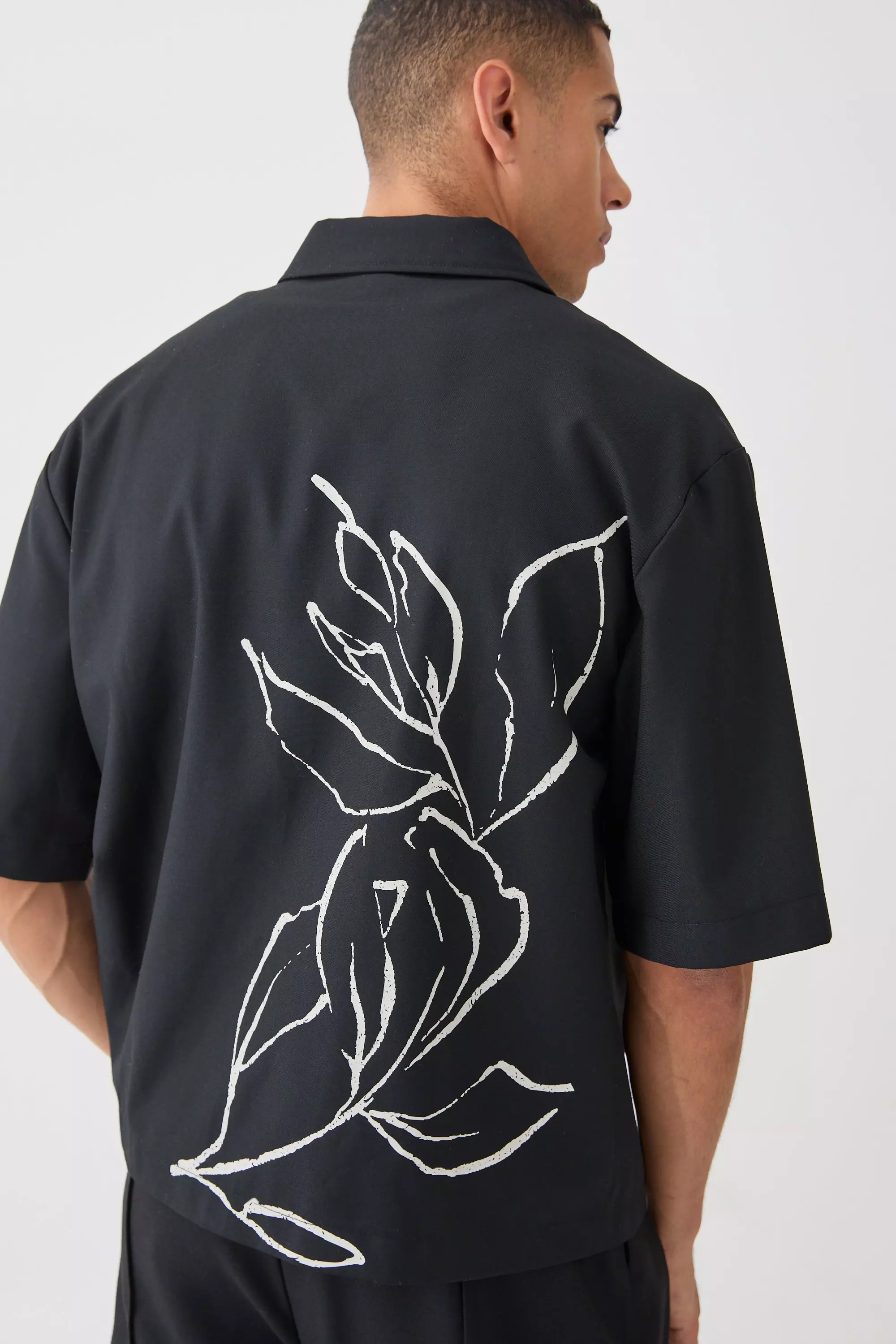 Oversized Stretch Floral Print Shirt Black