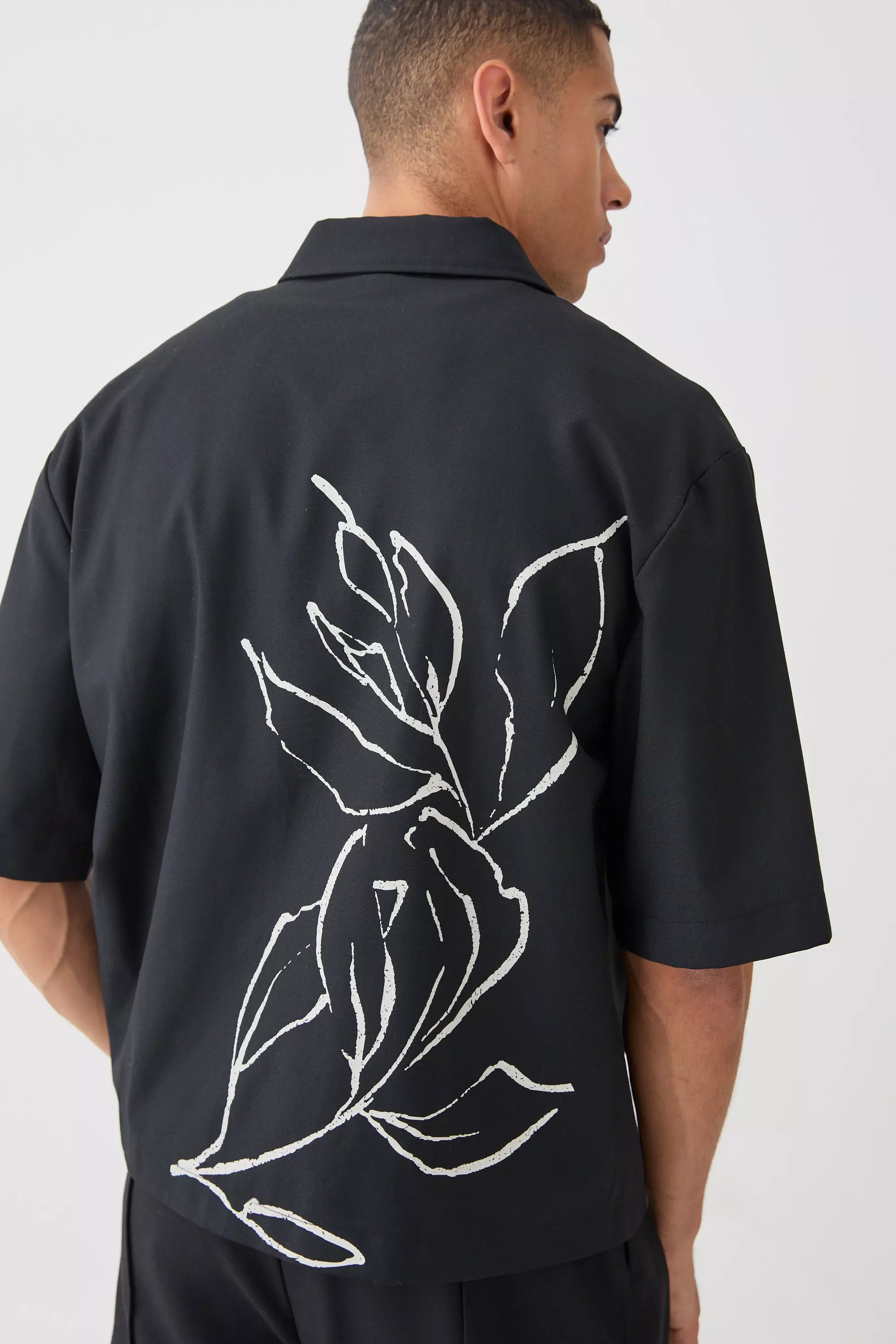 Oversized Stretch Pu Floral Print Shirt Black