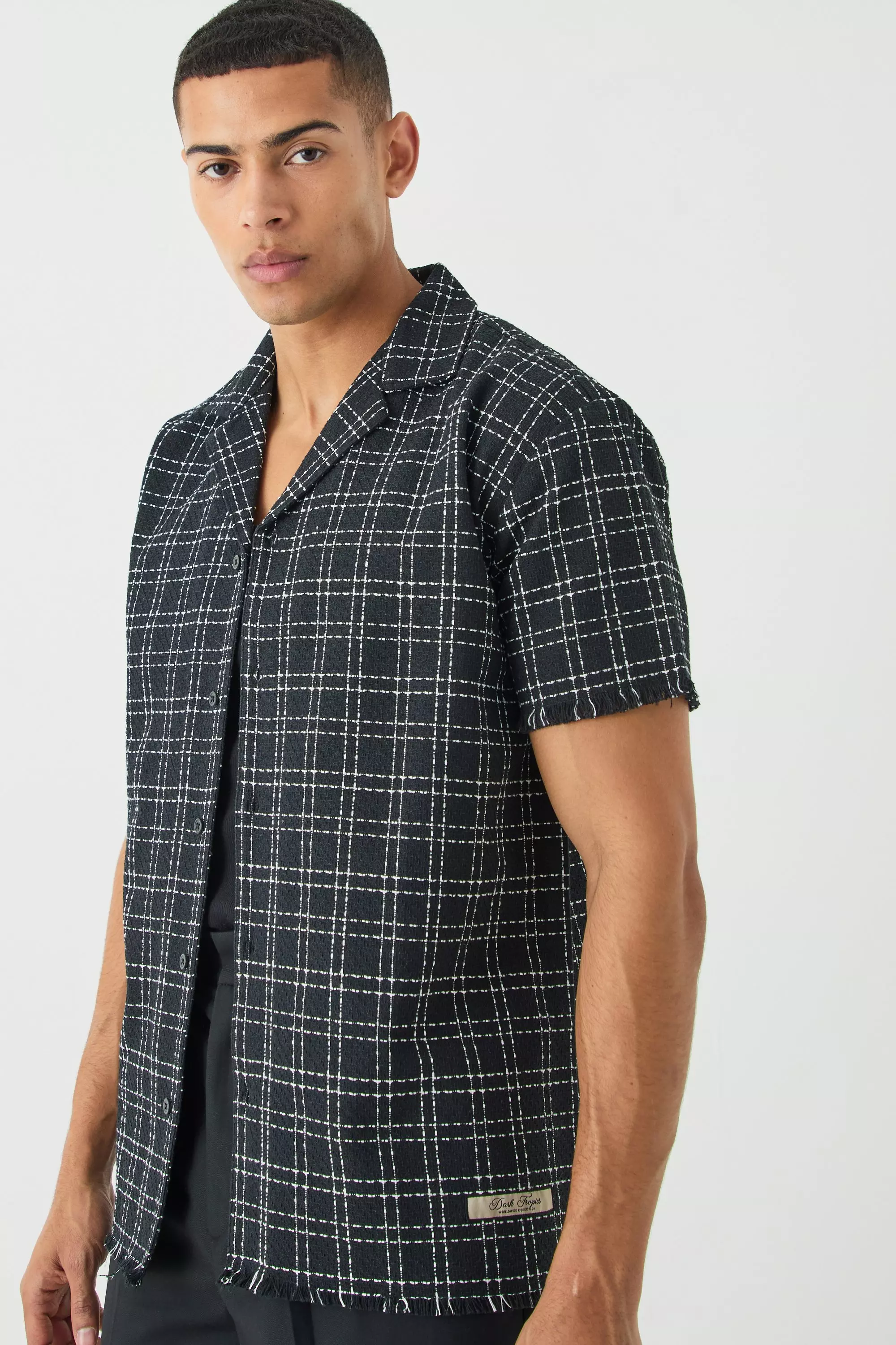 Oversized Raw Hem Boucle Shirt Black