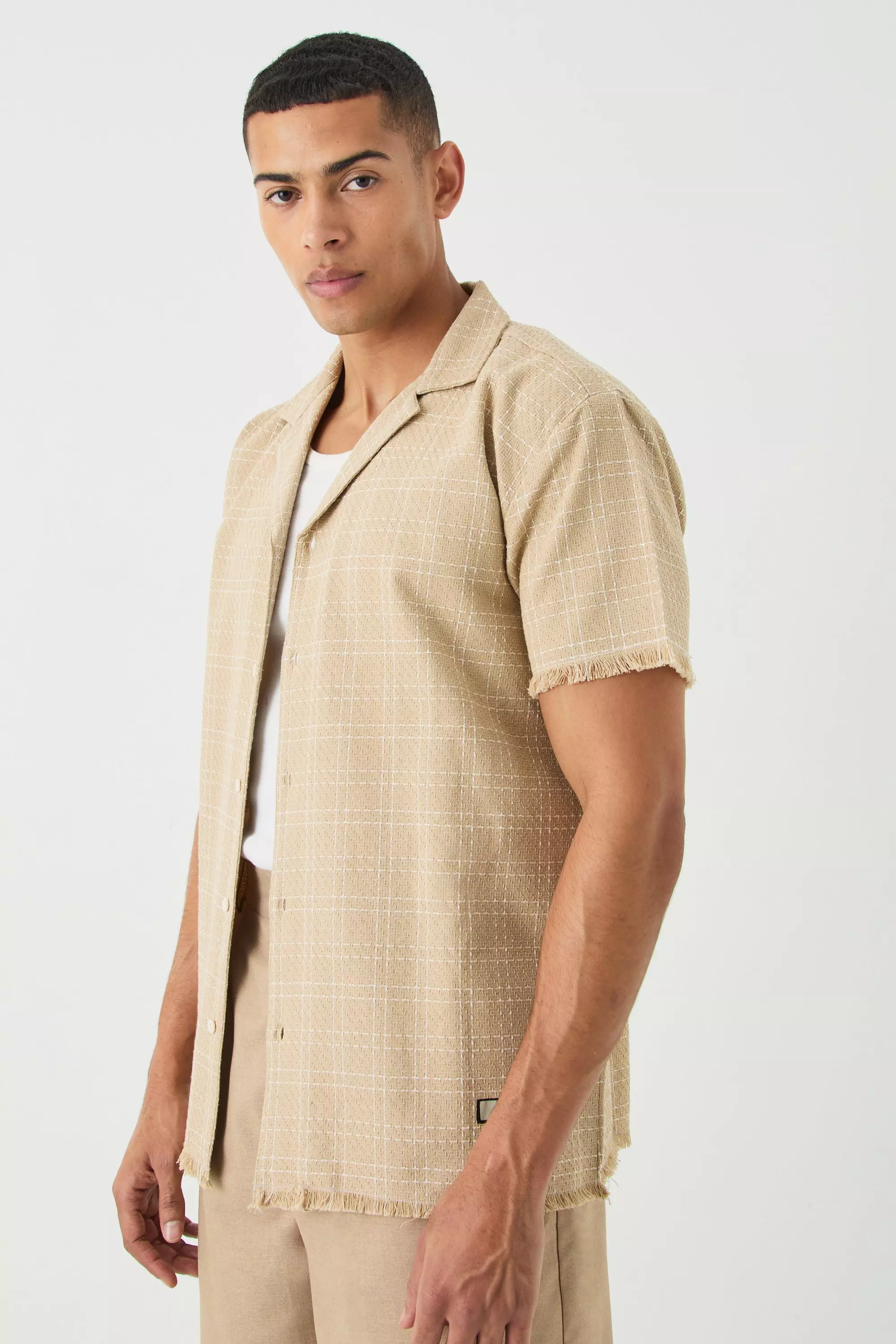 Oversized Raw Hem Boucle Shirt Taupe