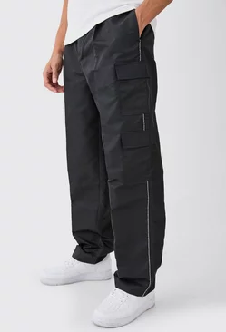 Fixed Waist Pipe Detail Cargo Nylon Trousers Black