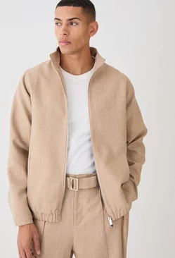 Taupe Beige Textured Tailored Funnel Neck Jacket