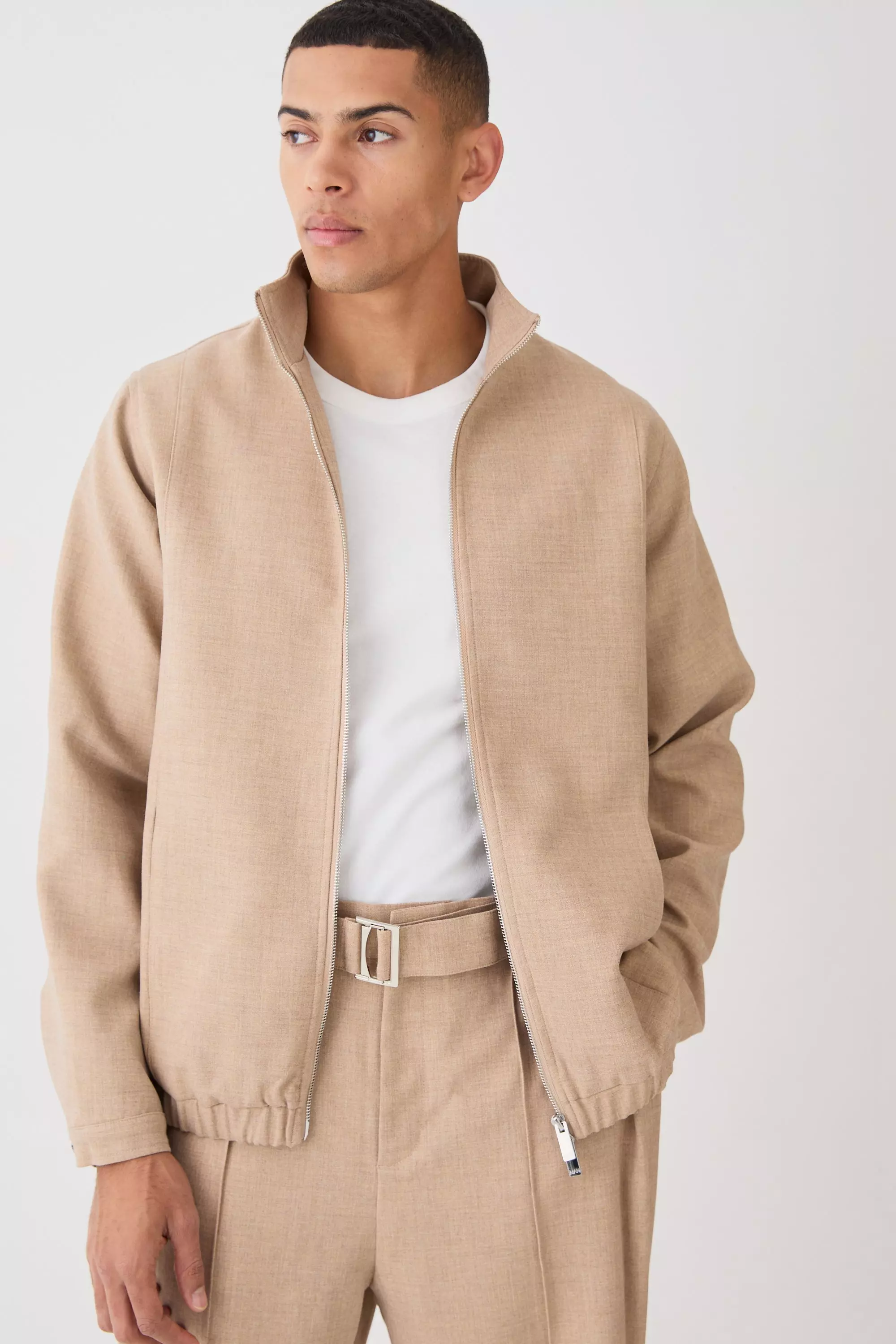 Taupe Beige Textured Tailored Funnel Neck Jacket