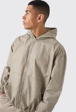 Branded Plaque Detail Twill Hooded Overshirt Stone