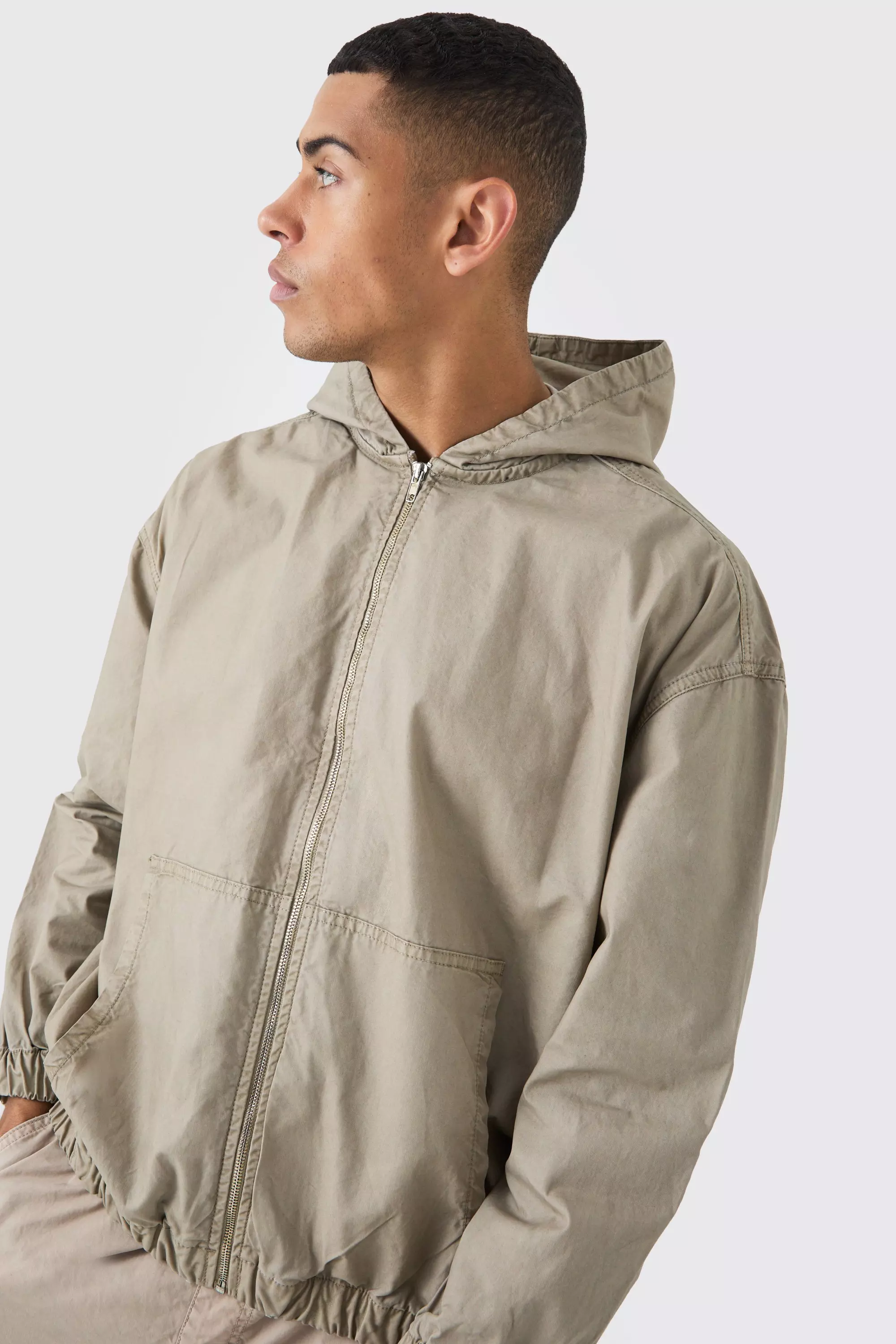 Stone Beige Branded Plaque Detail Twill Hooded Overshirt