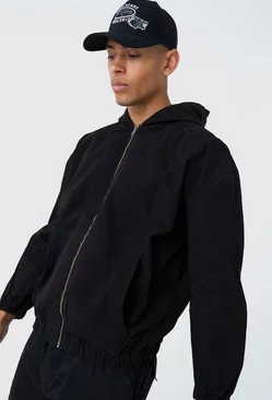 Black Branded Plaque Detail Twill Hooded Overshirt