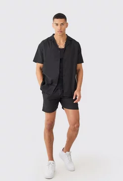 Short Sleeve Oversized Linen Shirt & Short Black