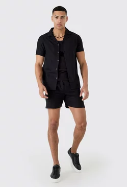 Short Sleeve Linen Shirt & Short Black