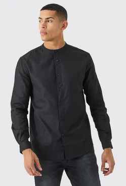 Long Sleeve Linen Grandad Collar Shirt Black