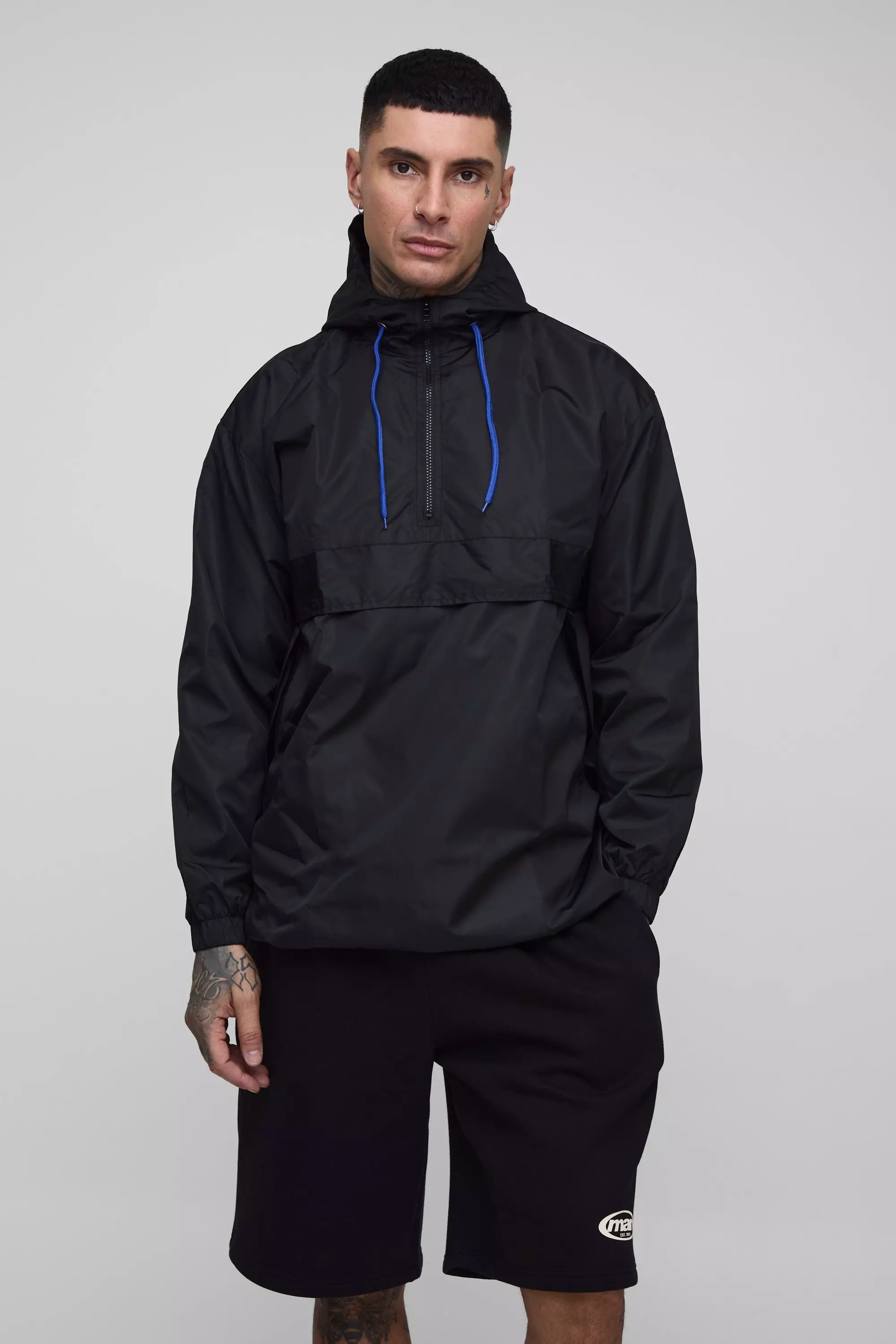 Black Tall Oversized Hooded Half Zip Windbreaker
