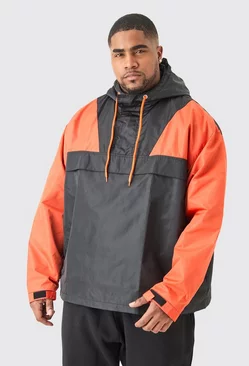 Orange Plus Oversized Man Half Zip Hooded Windbreaker