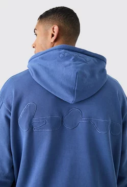 Blue Oversized Loopback Ribbed Applique Hoodie