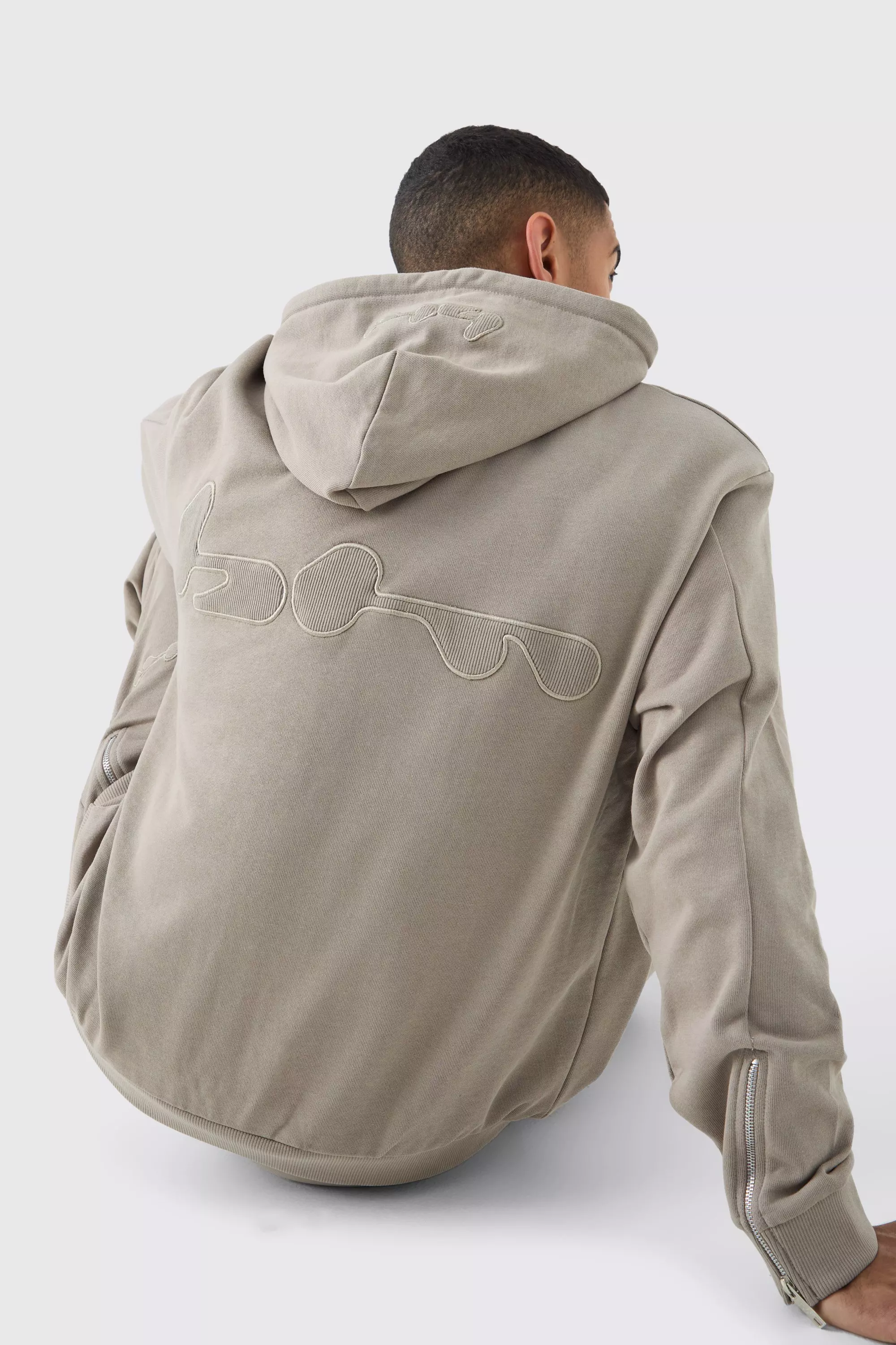 Oversized Loopback Ribbed Applique Hoodie pale grey
