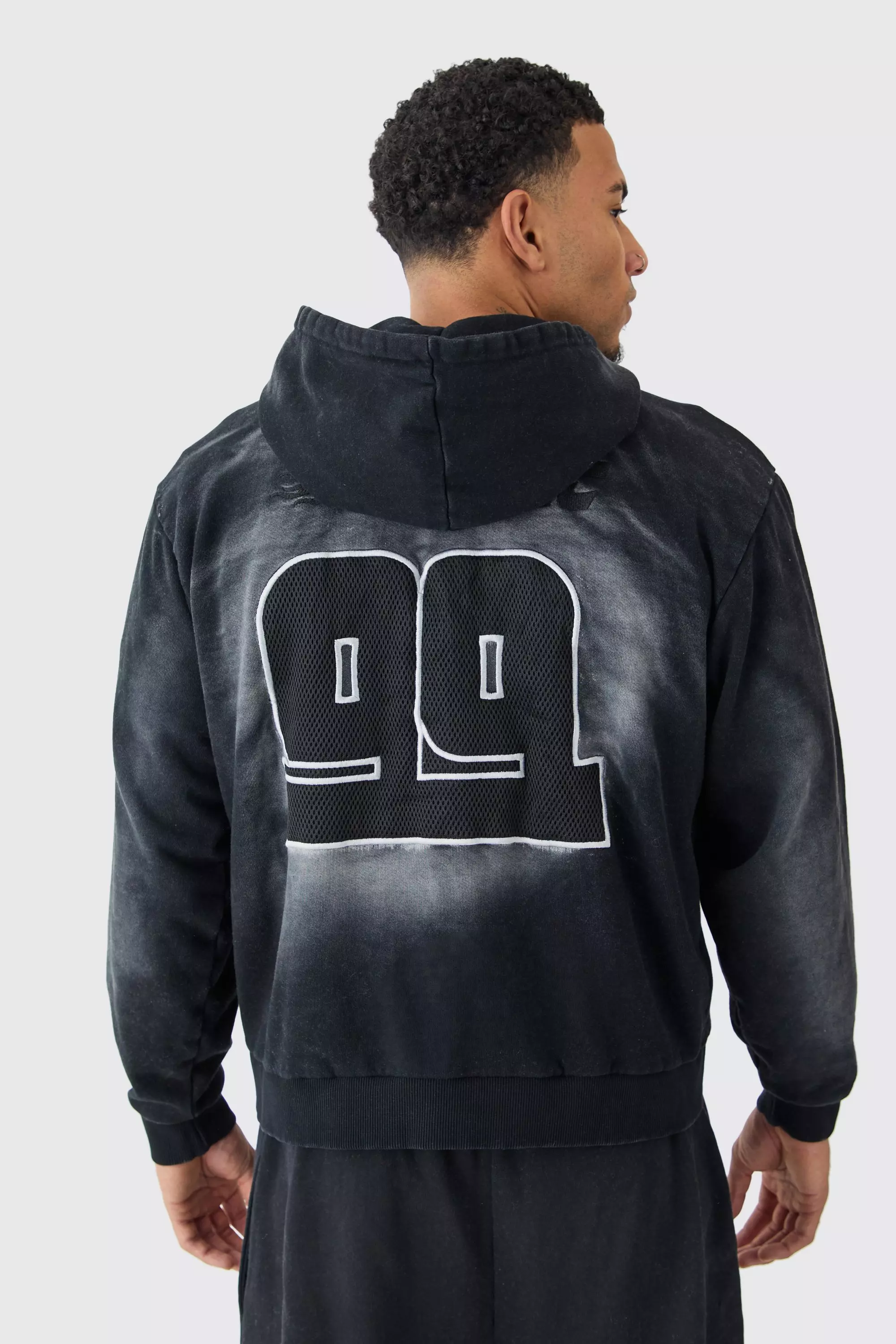 Black Oversized Zip Thru Heavy Washed Applique Hoodie