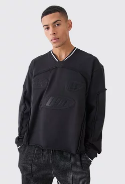 Black Oversized Boxy Embroidered Sports Rib Sweatshirt