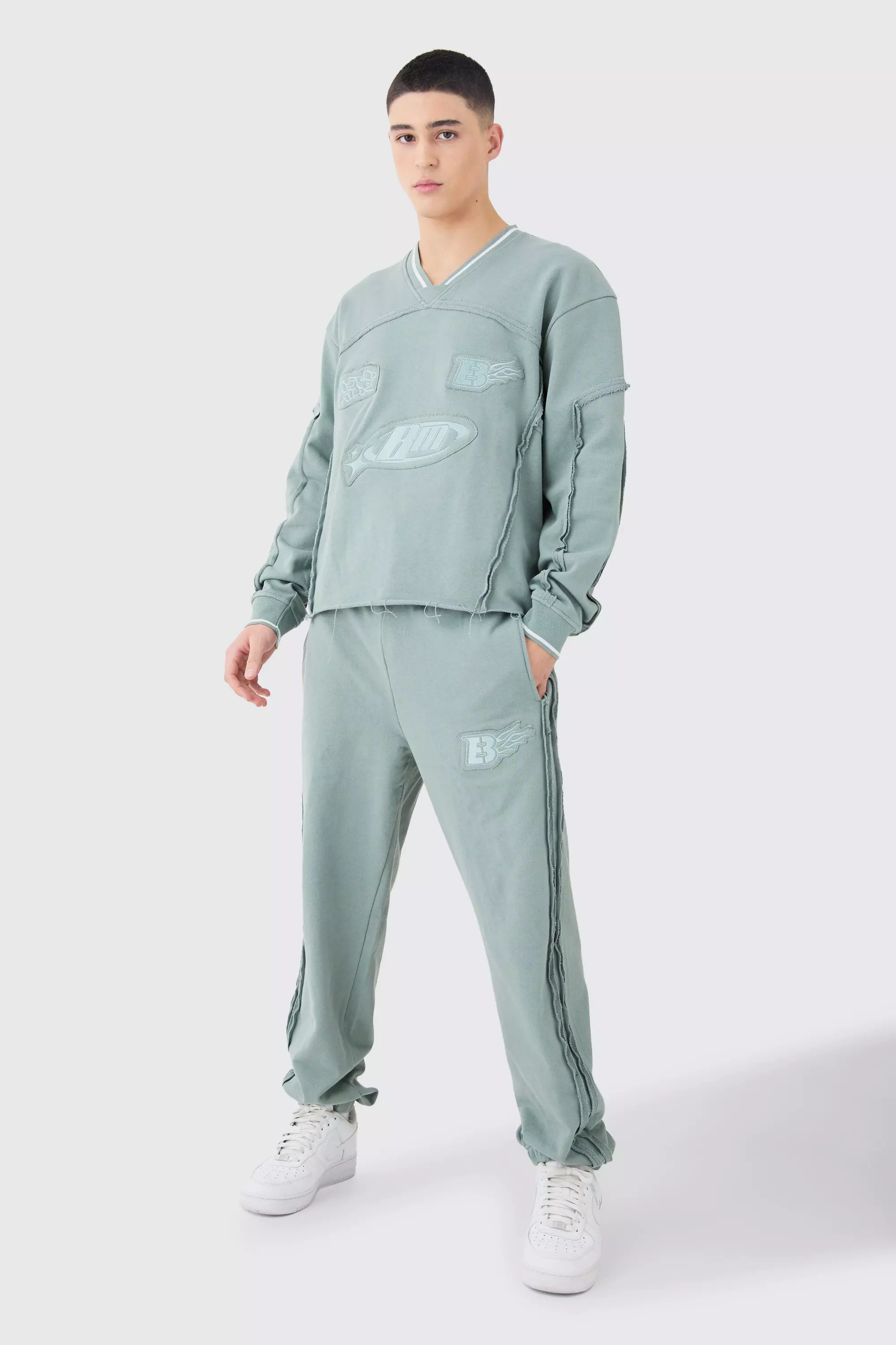 Oversized Boxy Sports Rib Sweatshirt Tracksuit Sage