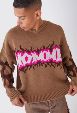 Boxy Homme Graffiti Knitted Jumper Taupe
