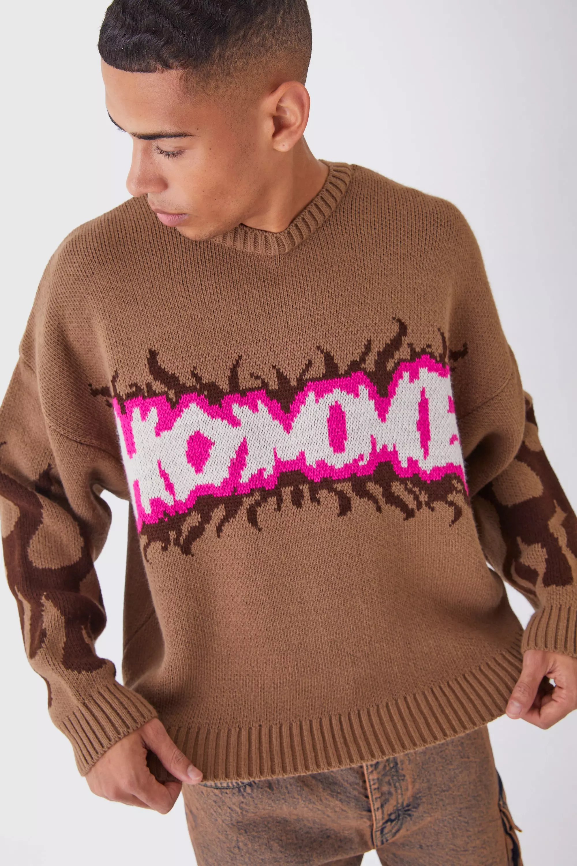Boxy Homme Graffiti Knitted Jumper Taupe