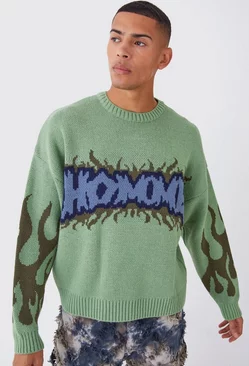 Boxy Homme Graffiti Knitted Jumper Sage