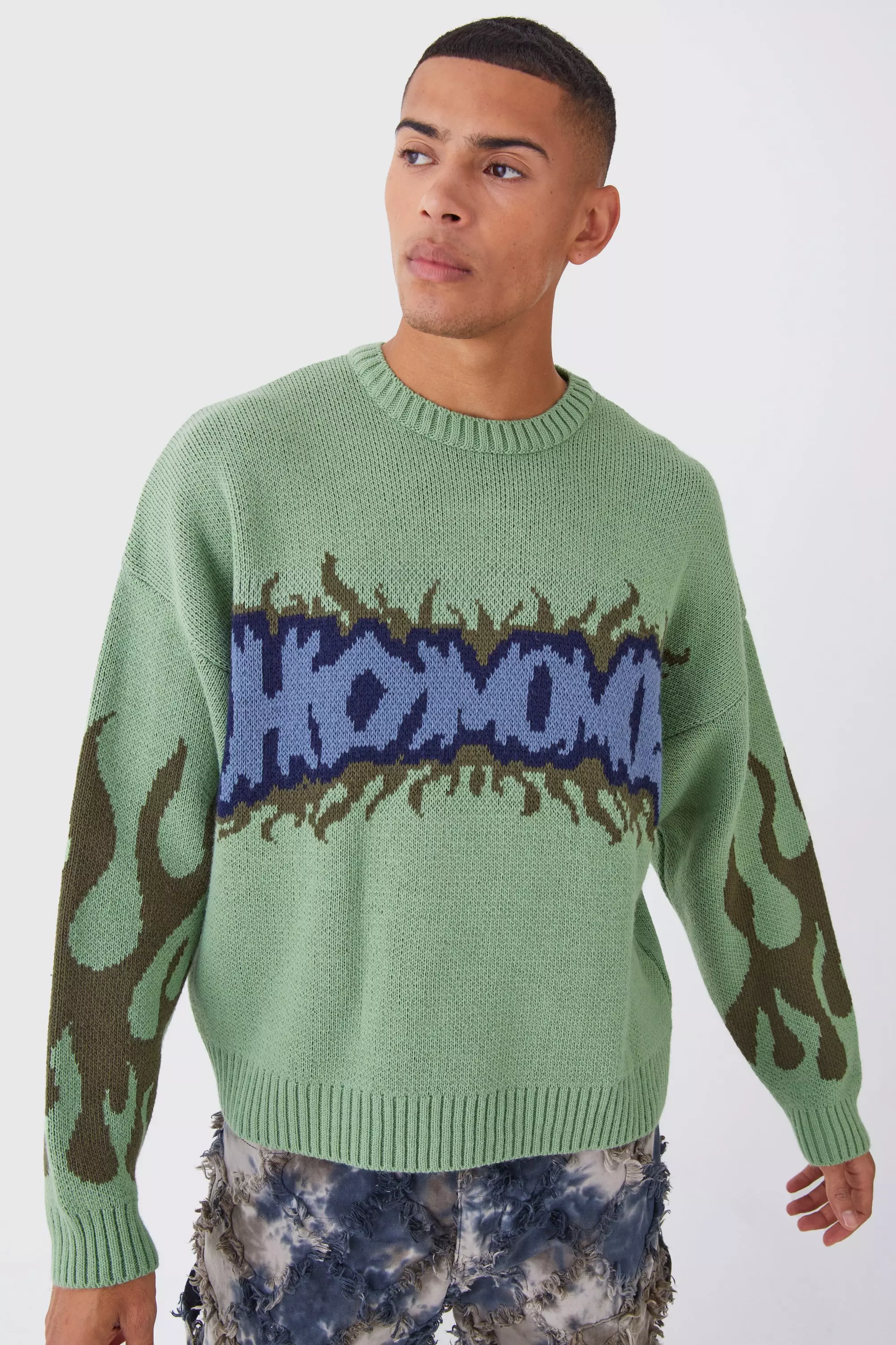 Boxy Homme Graffiti Knitted Jumper Sage