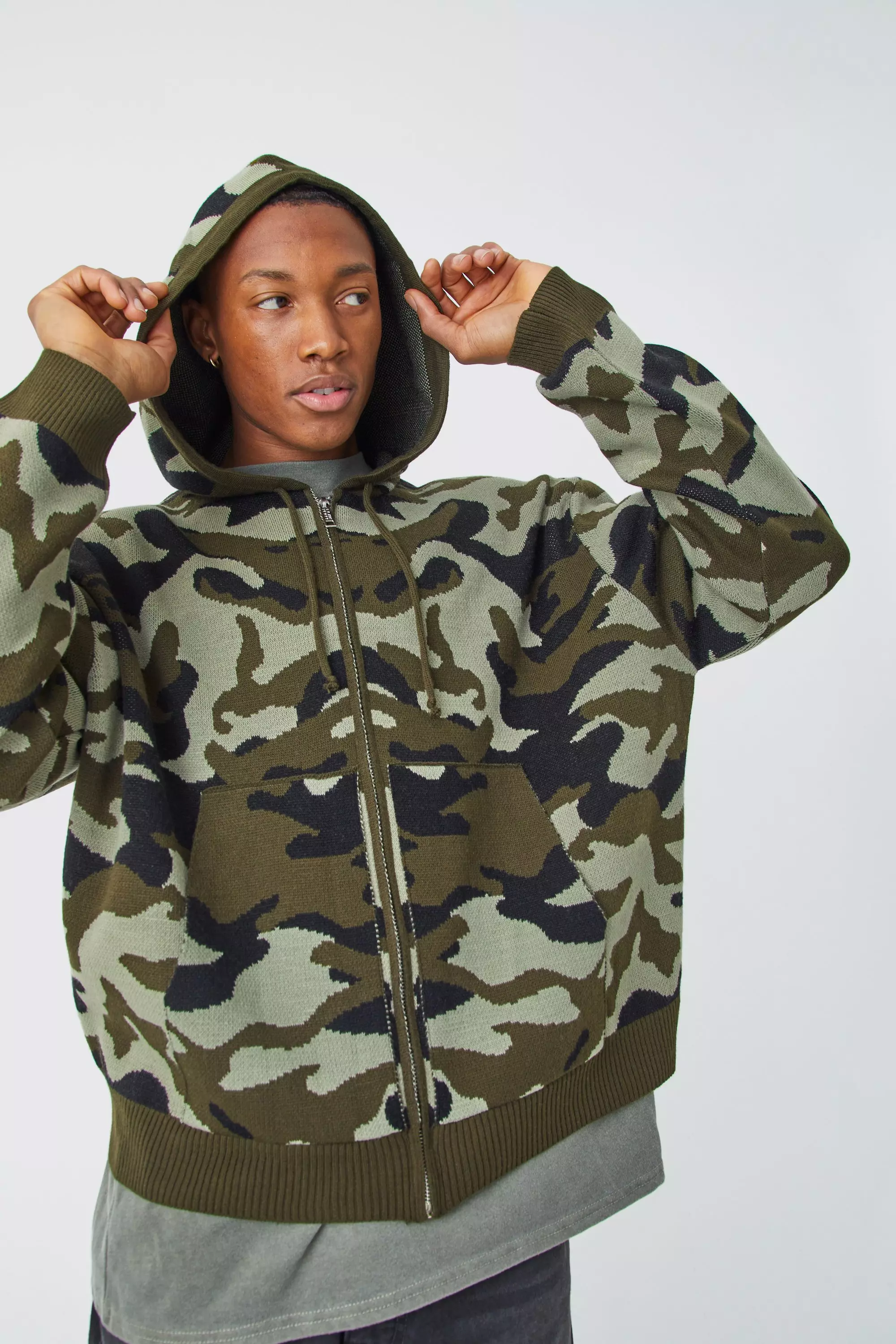 Khaki Oversized Camo Knitted Zip Through Hoodie