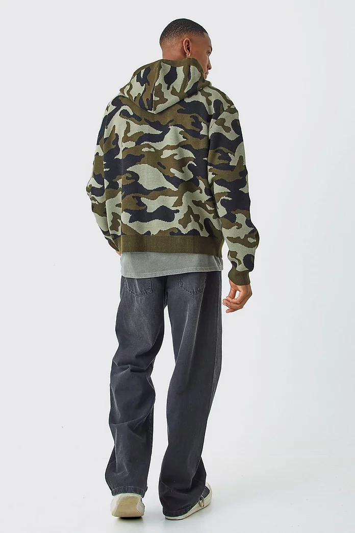 Oversized Camo Knitted Zip Through Hoodie | boohooMAN USA Oversized Camo Knitted Zip Through Hoodie | boohooMAN USA