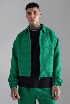 Tall Oversized Boxy Boucle Zip Through Jacket Green