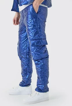 Tall Elasticated Waist Metallic Quilted Cargo Trousers Blue