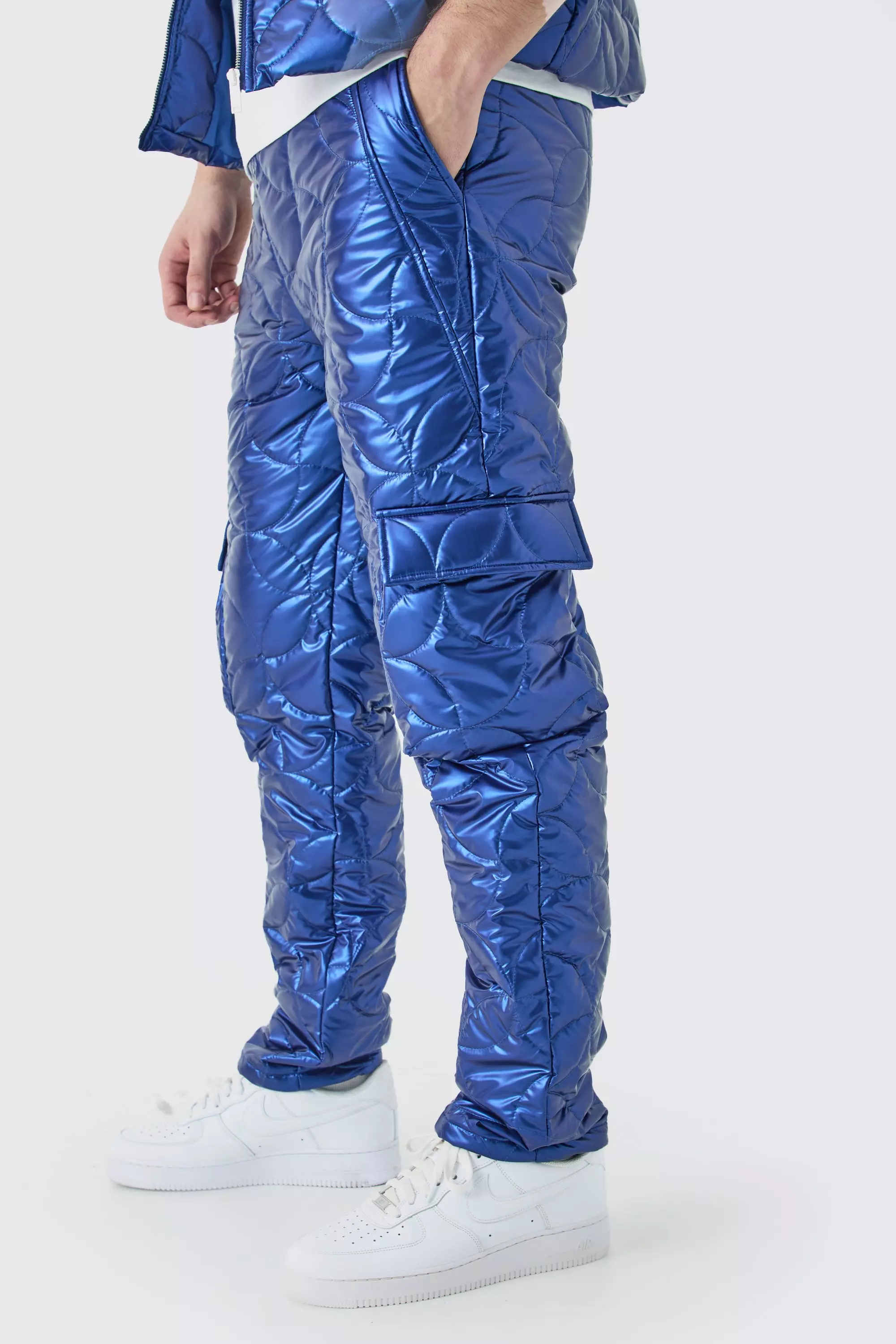 Tall Elasticated Waist Metallic Quilted Cargo Trousers Blue