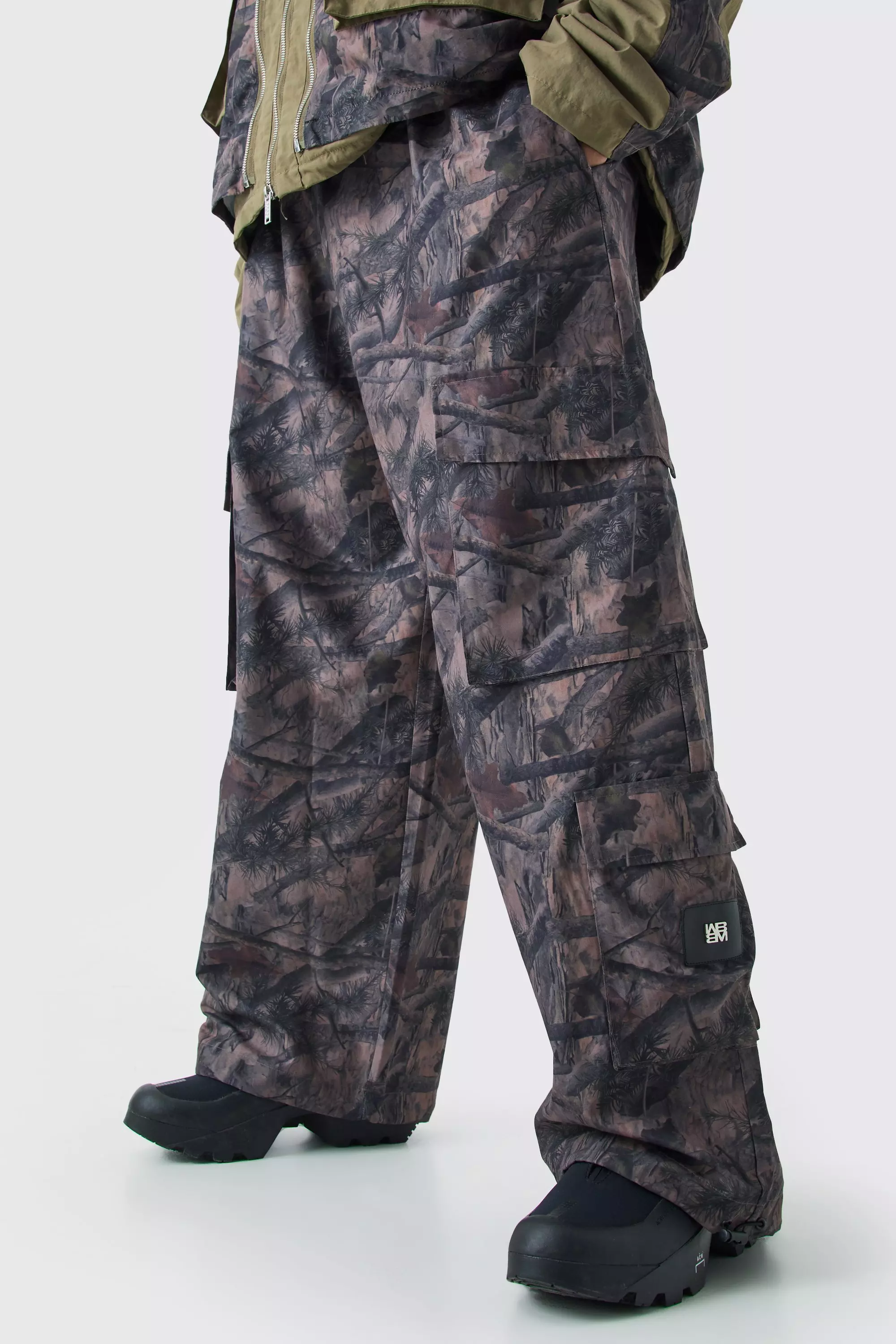 Brown Plus Elasticated Waist Camo Cargo Trousers