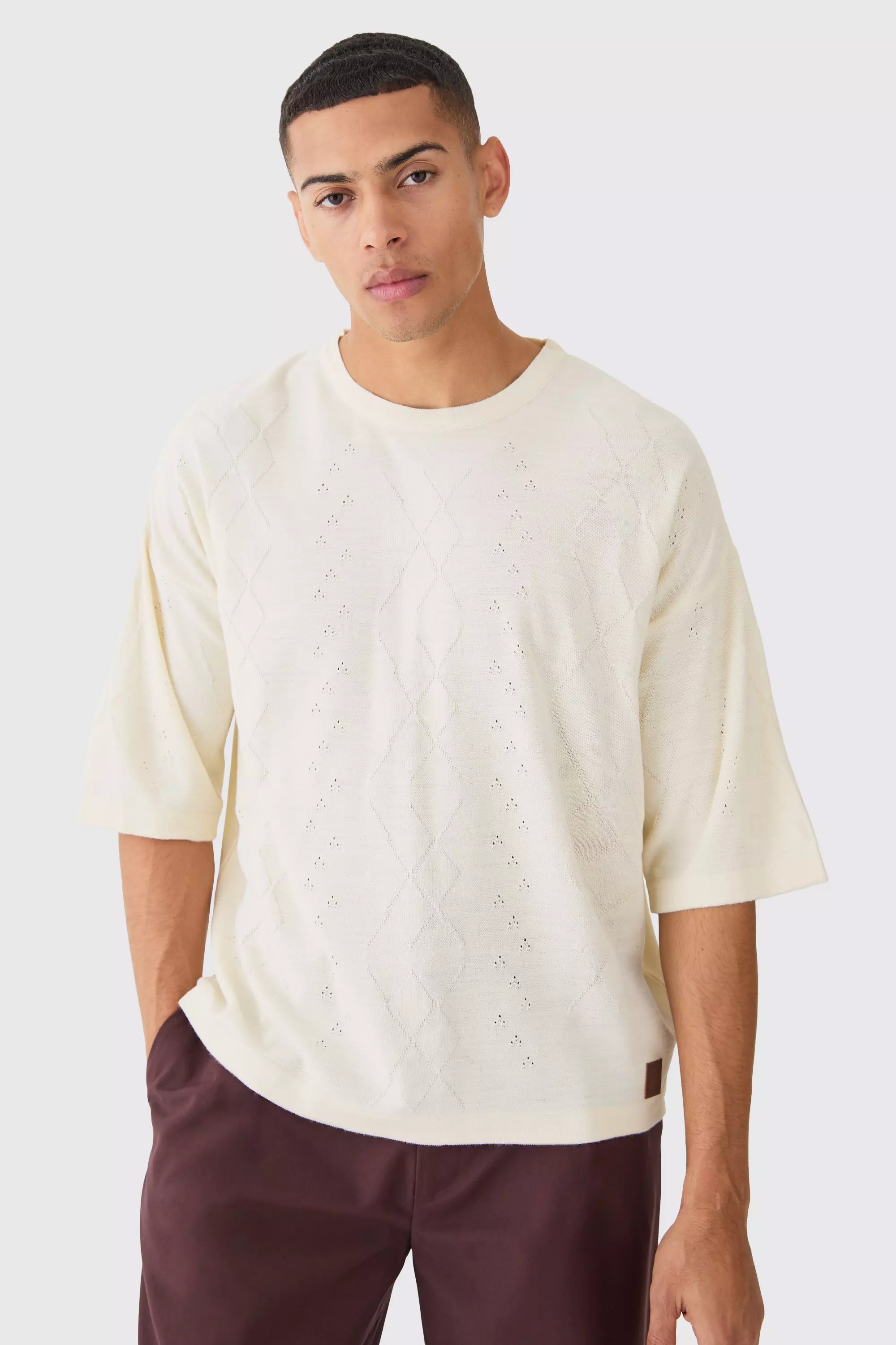 Oversized Boxy Cable Knitted T-shirt Ecru