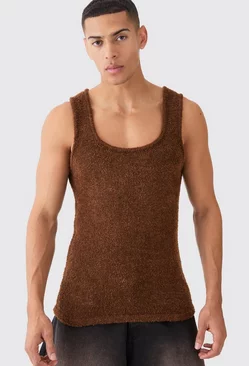 Muscle Fit Boucle Textured Knitted Vest Rust