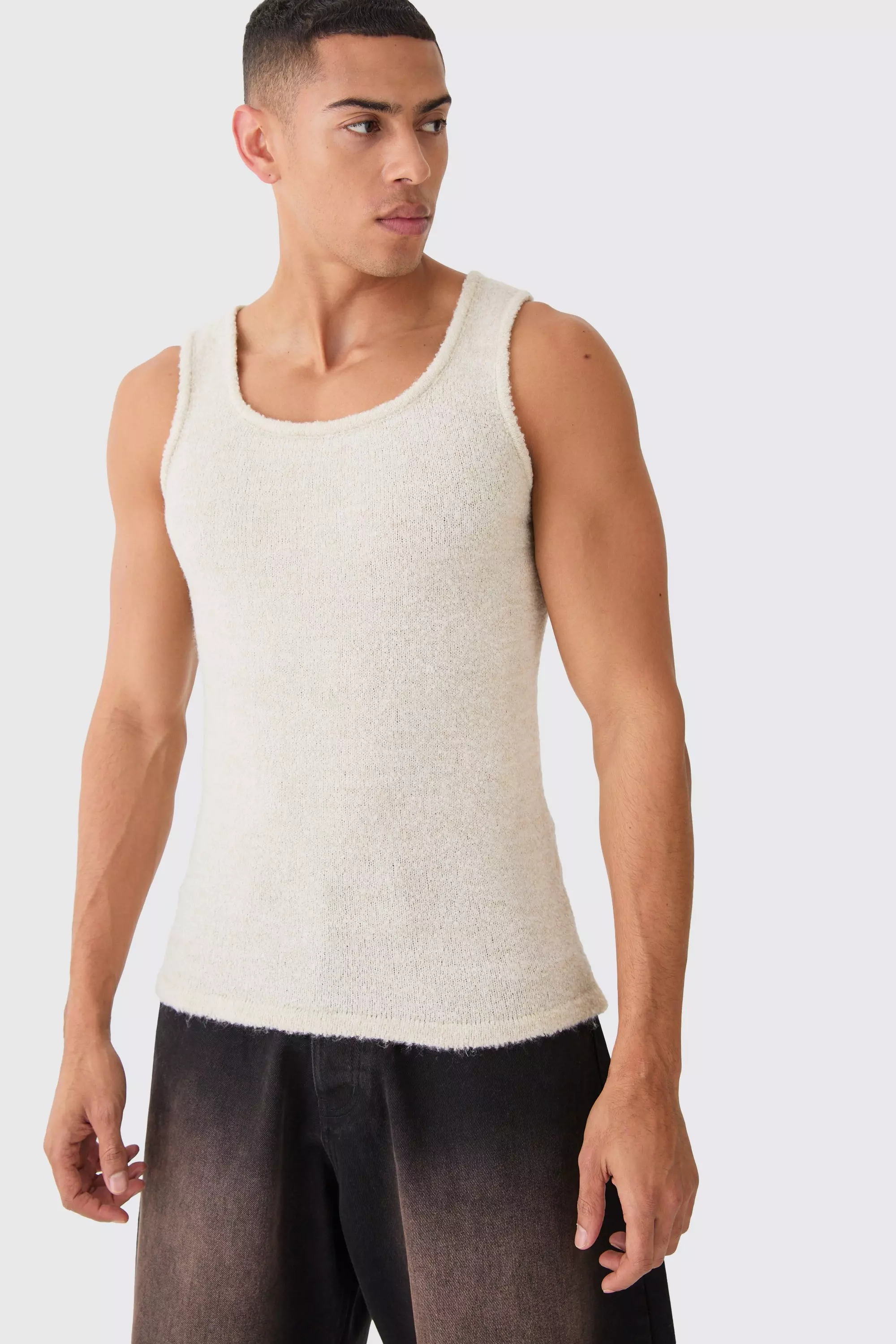 Ecru White Muscle Fit Boucle Textured Knitted Vest
