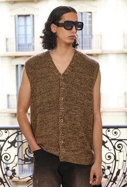 Button Through Salt & Pepper Knitted Vest Tan