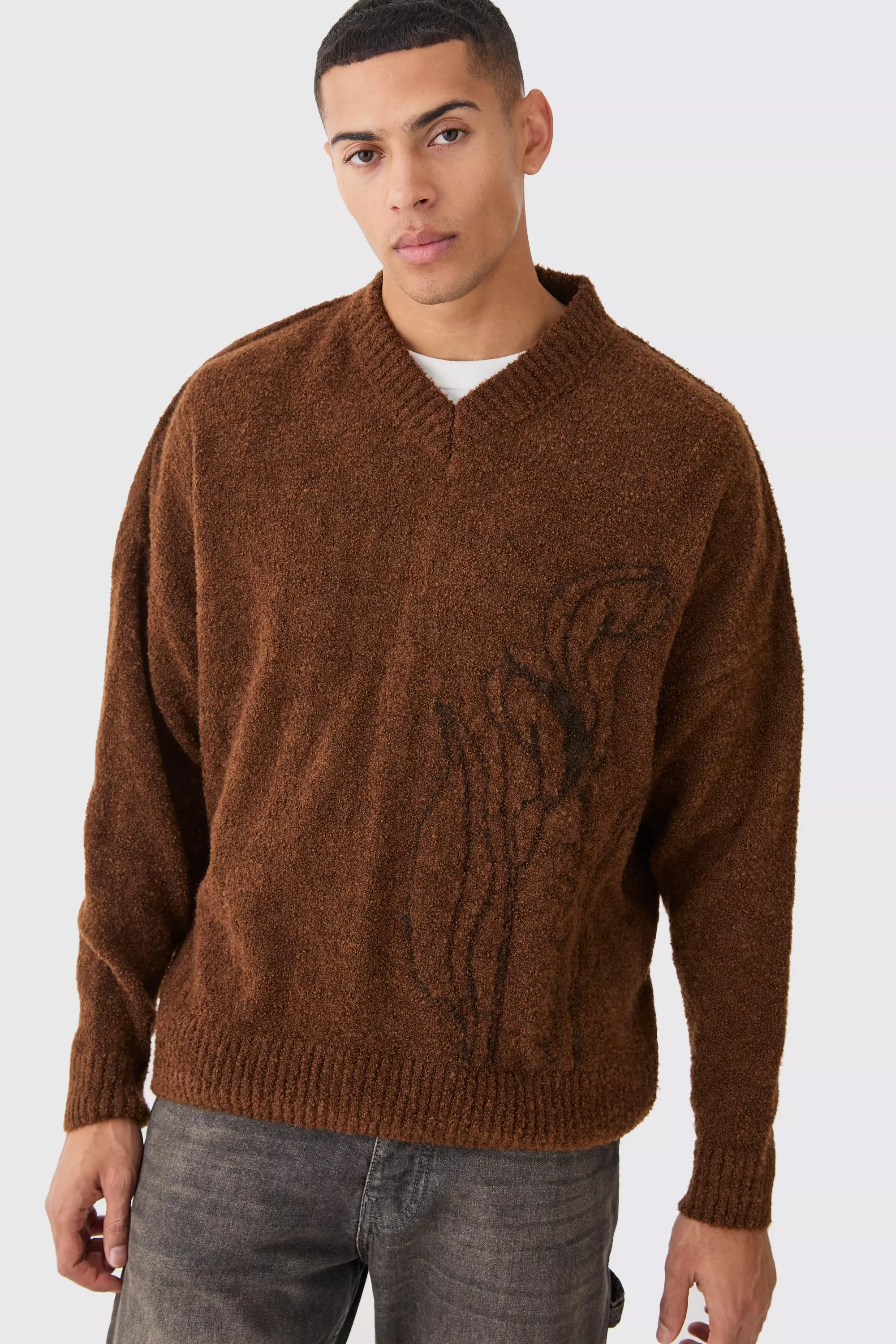 Boxy V Neck Boucle Textured Knit Sweater Rust