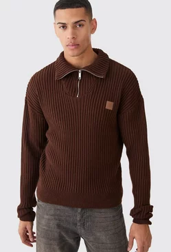 Funnel Neck 1/4 Zip Ribbed Knit Jumper Rust