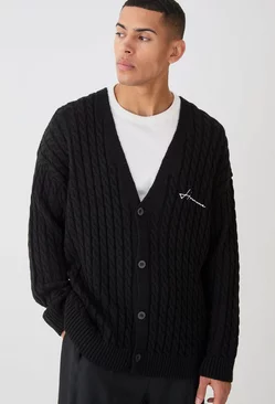 Black Oversized Homme Cable Knitted Cardigan
