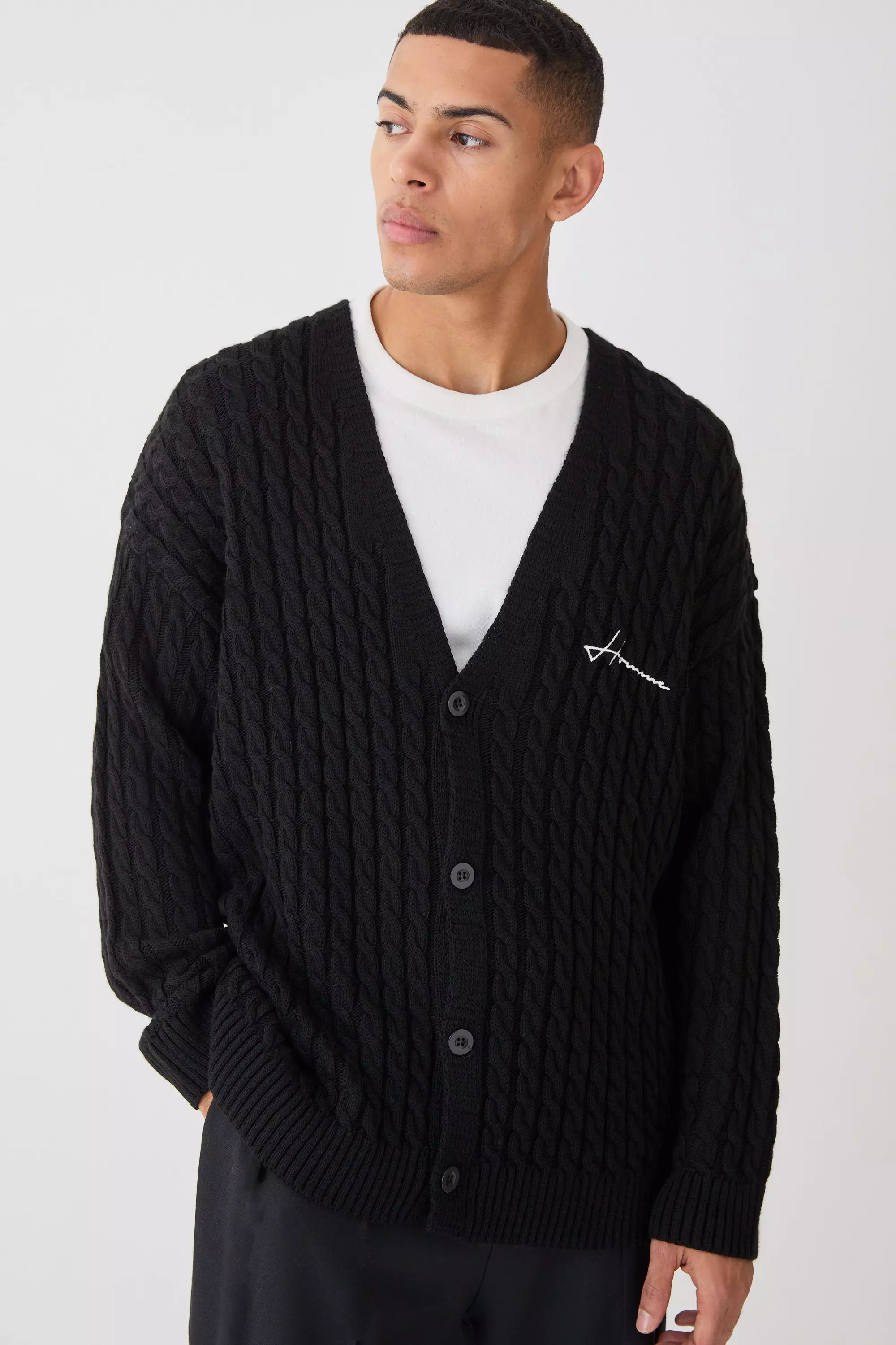 Black Oversized Homme Cable Knitted Cardigan