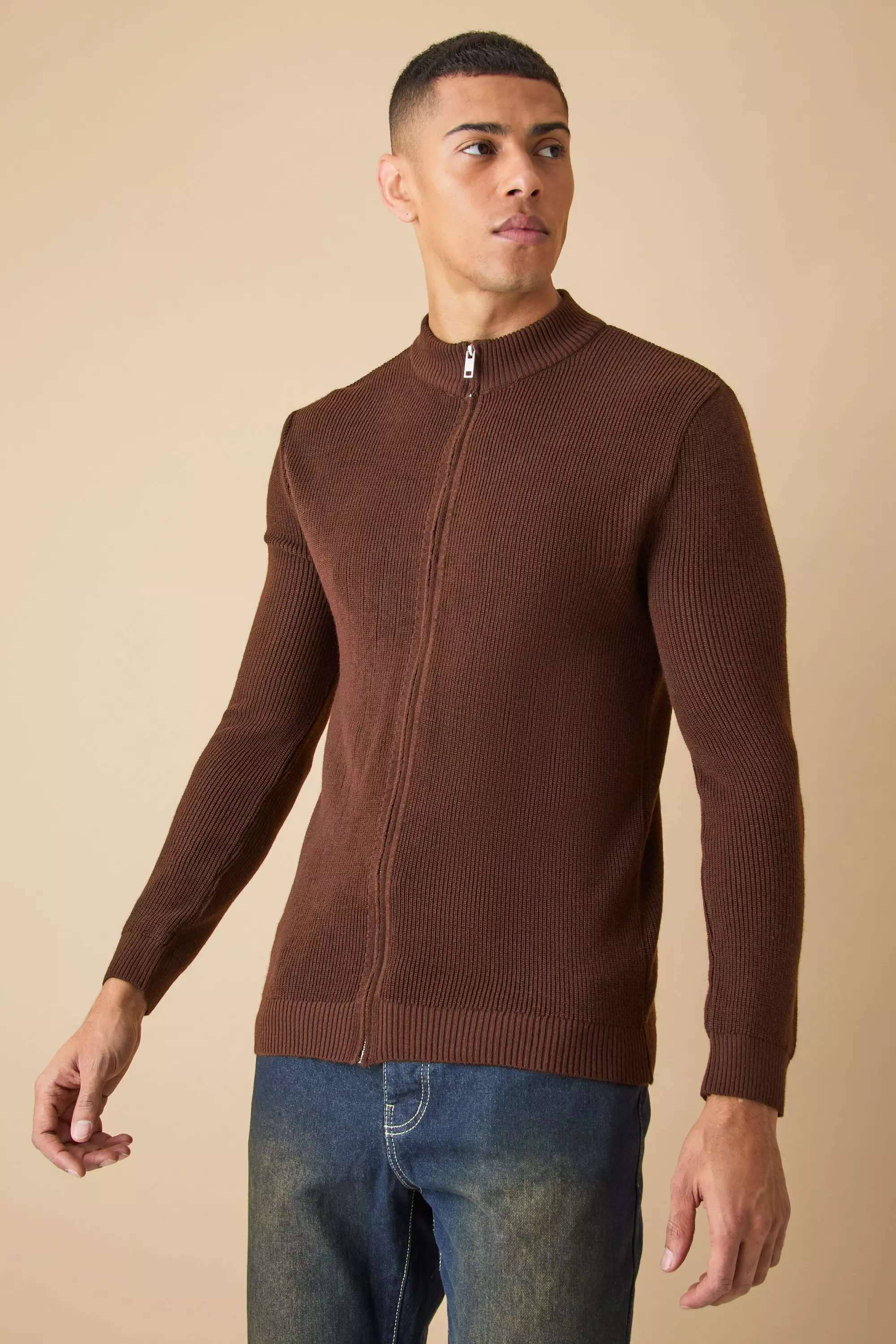 Chocolate Brown Muscle Fit Zip Through Rib Knit Jacket
