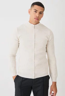 Ecru White Muscle Fit Zip Through Knitted Jacket