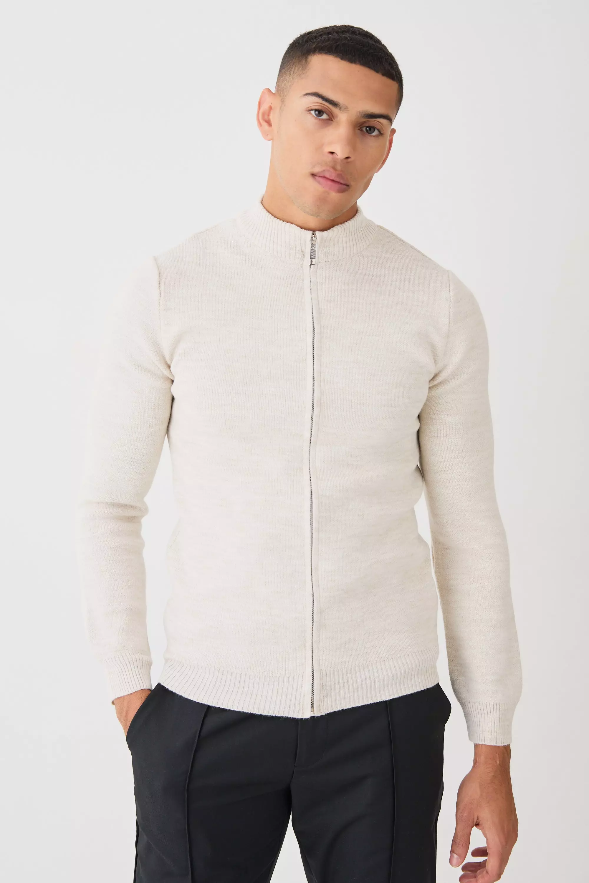 Ecru White Muscle Fit Zip Through Knitted Jacket